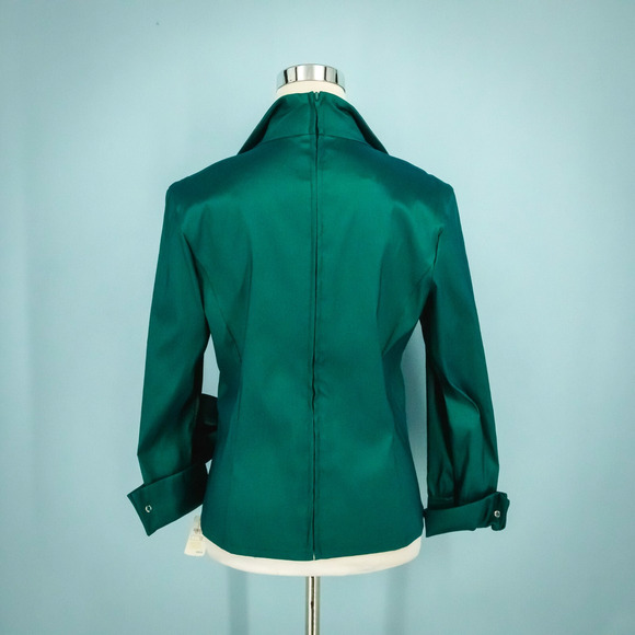 Tadashi Size 12 Green Wrap V Neck Collared Long Sleeve Bow Rhinestone Formal Top - Picture 3 of 6